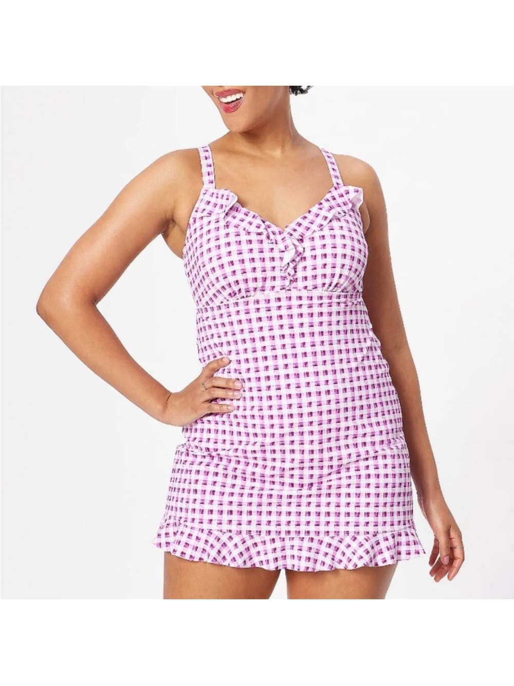 Isaac Mizrahi Live! pink gingham check bridgehampton swim dress - 32W